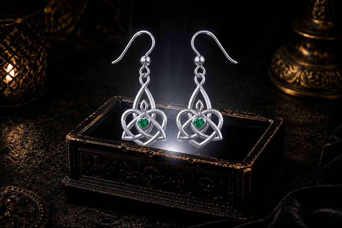 Sterling silver Celtic Triquetra Trinity Knot heart earrings with emerald glass heart gemstones floating above a glowing ornate jewelry box in a dark luxurious mystical setting with cinematic lighting