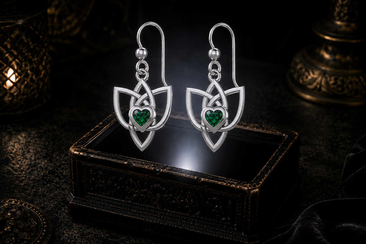 Sterling silver Celtic Triquetra Trinity Knot heart earrings with emerald glass heart gemstones floating above a glowing ornate jewelry box in a dark luxurious mystical setting with cinematic lighting