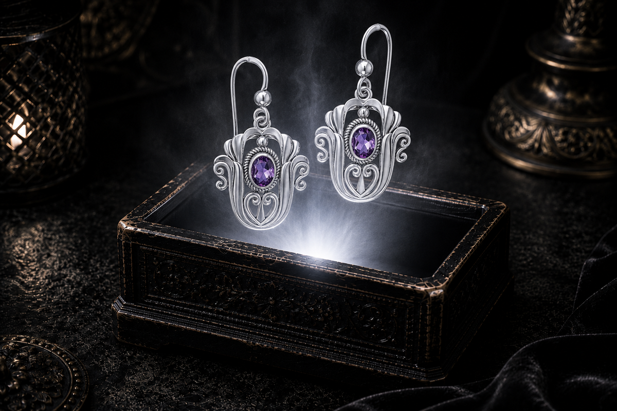 Sterling silver Celtic triquetra tulip earrings with purple amethyst gemstones floating above a glowing ornate jewelry box in a dark luxury setting