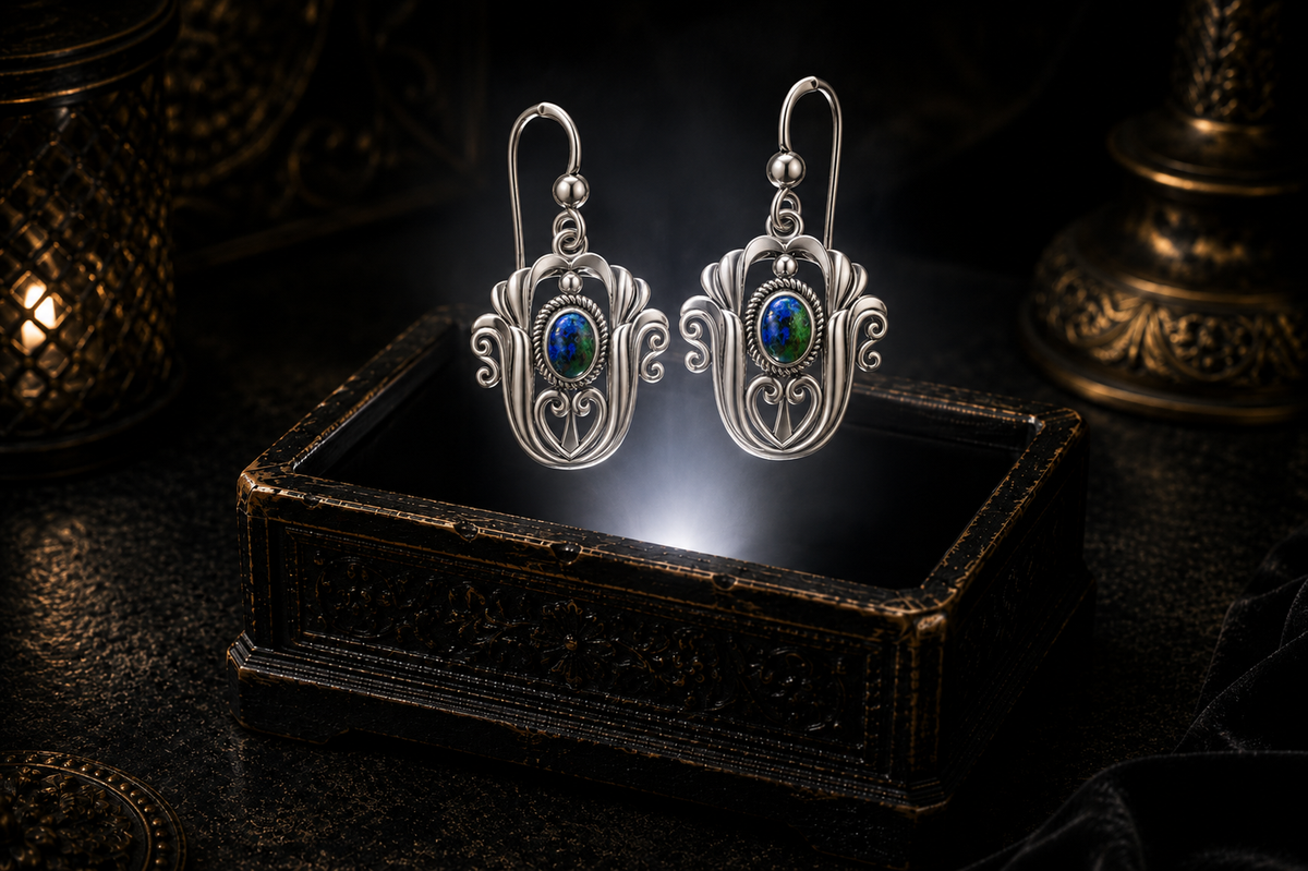 Sterling silver Celtic triquetra tulip earrings with azurite gemstones floating above a glowing ornate jewelry box in a dark luxury setting
