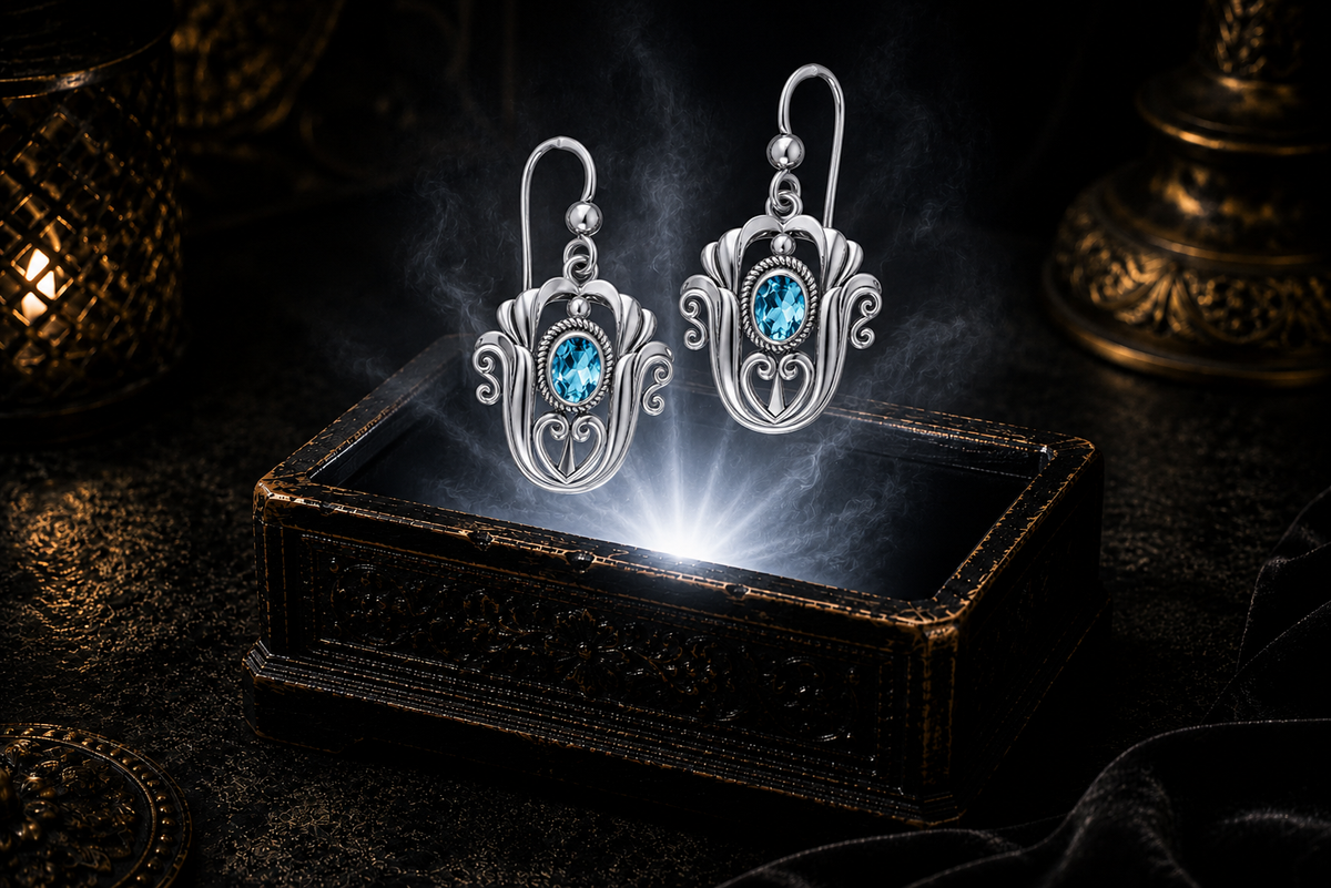 Sterling silver Celtic triquetra tulip earrings with blue topaz gemstones floating above a glowing ornate jewelry box in a dark luxury setting