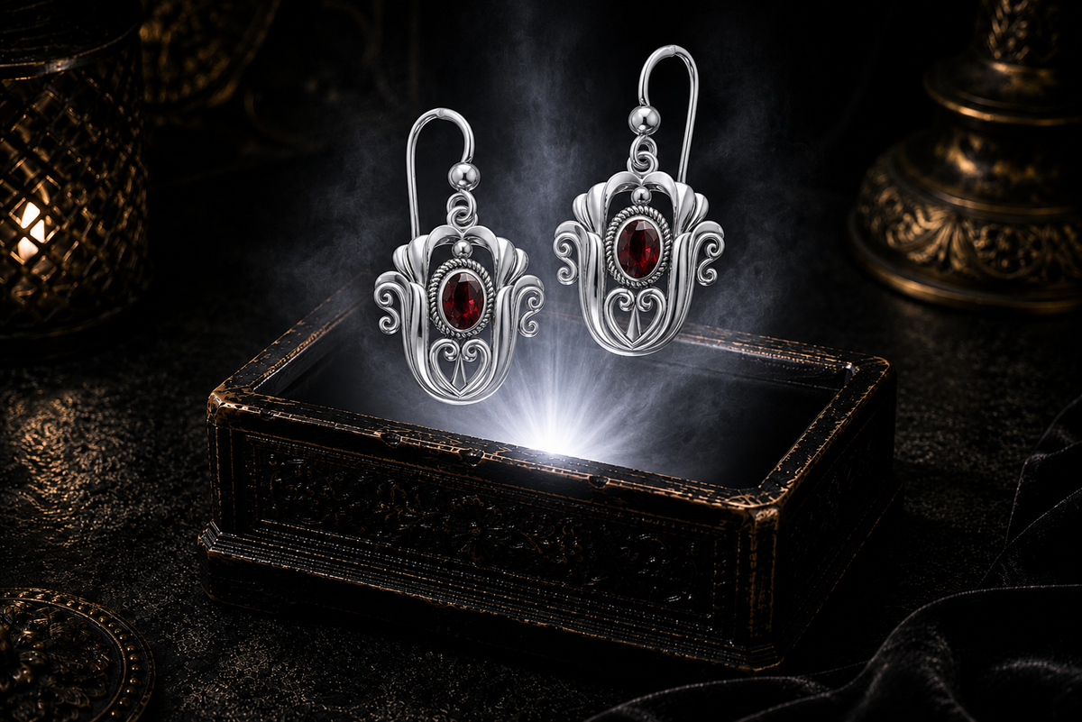 Sterling silver Celtic triquetra tulip earrings with deep red garnet gemstones floating above a glowing ornate jewelry box in a dark luxury setting