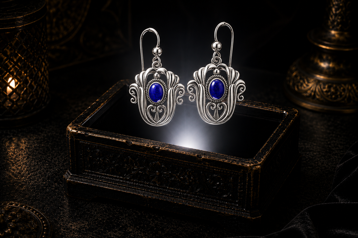 Sterling silver Celtic triquetra tulip earrings with deep blue lapis gemstones floating above a glowing ornate jewelry box in a dark luxury setting