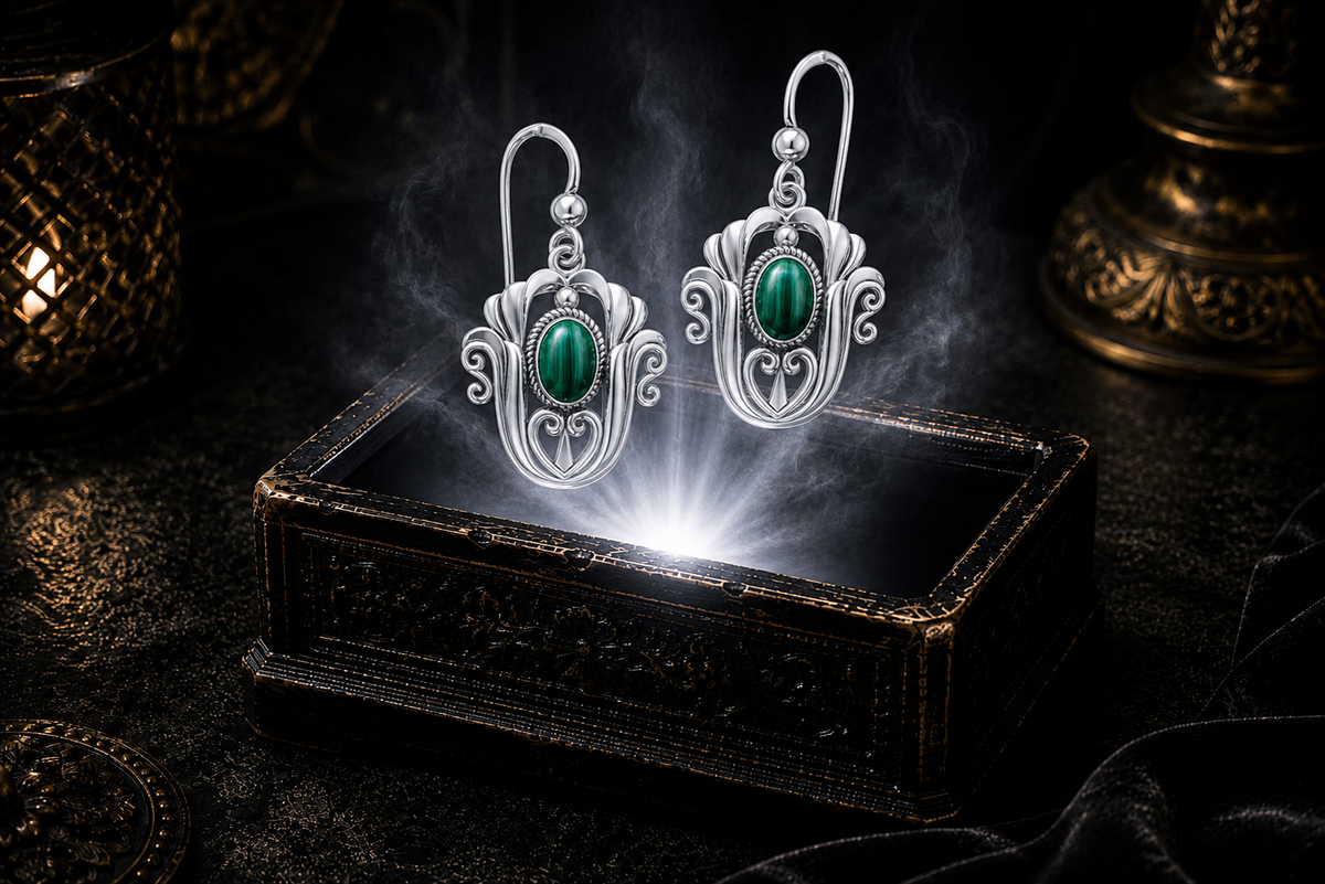 Sterling silver Celtic triquetra tulip earrings with green malachite gemstones floating above a glowing ornate jewelry box in a dark luxury setting