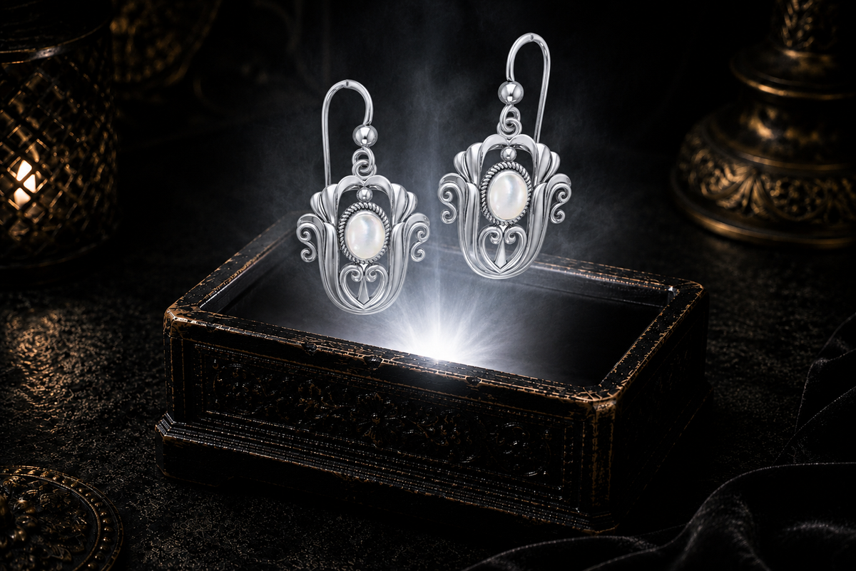 Sterling silver Celtic triquetra tulip earrings with mother of pearl gemstones floating above a glowing ornate jewelry box in a dark luxury setting