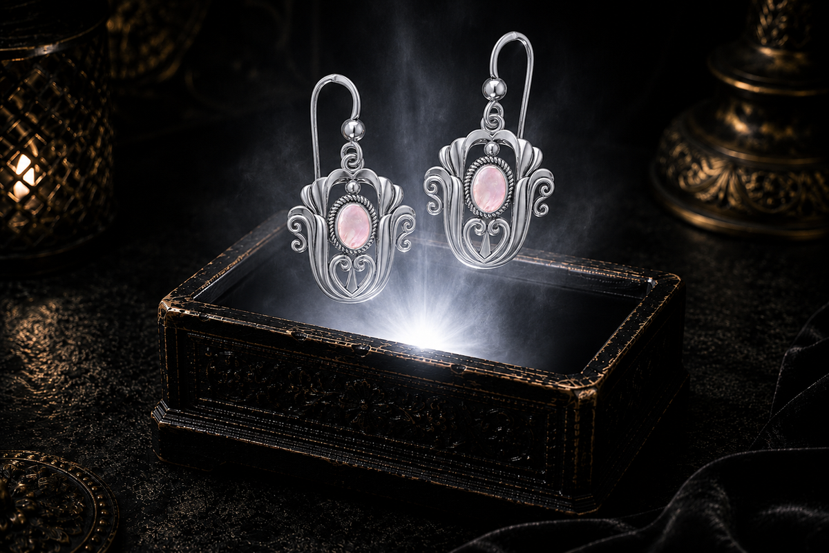 Sterling silver Celtic triquetra tulip earrings with pink shell gemstones floating above a glowing ornate jewelry box in a dark luxury setting