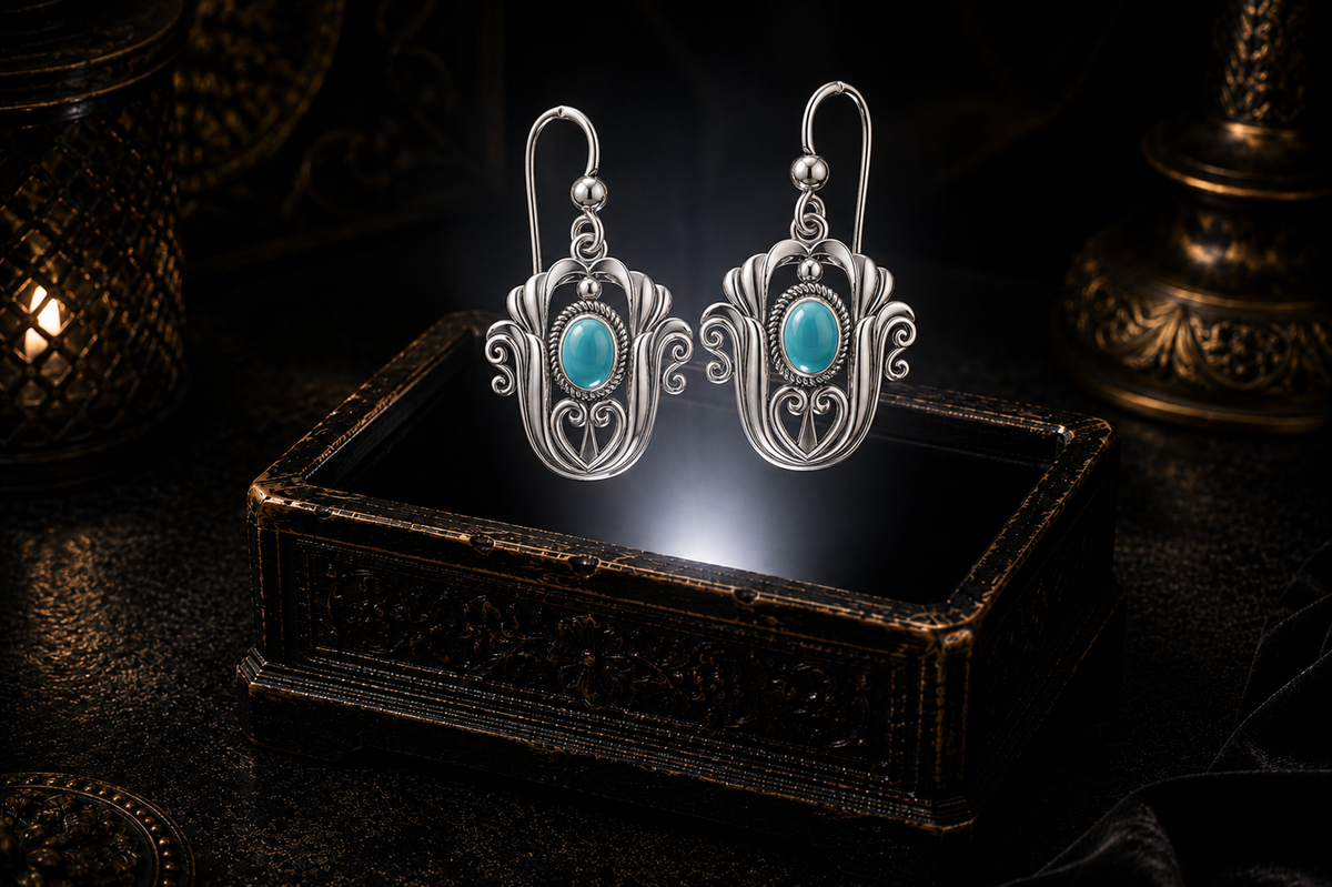 Sterling silver Celtic triquetra tulip earrings with turquoise gemstones floating above a glowing ornate jewelry box in a dark luxury setting