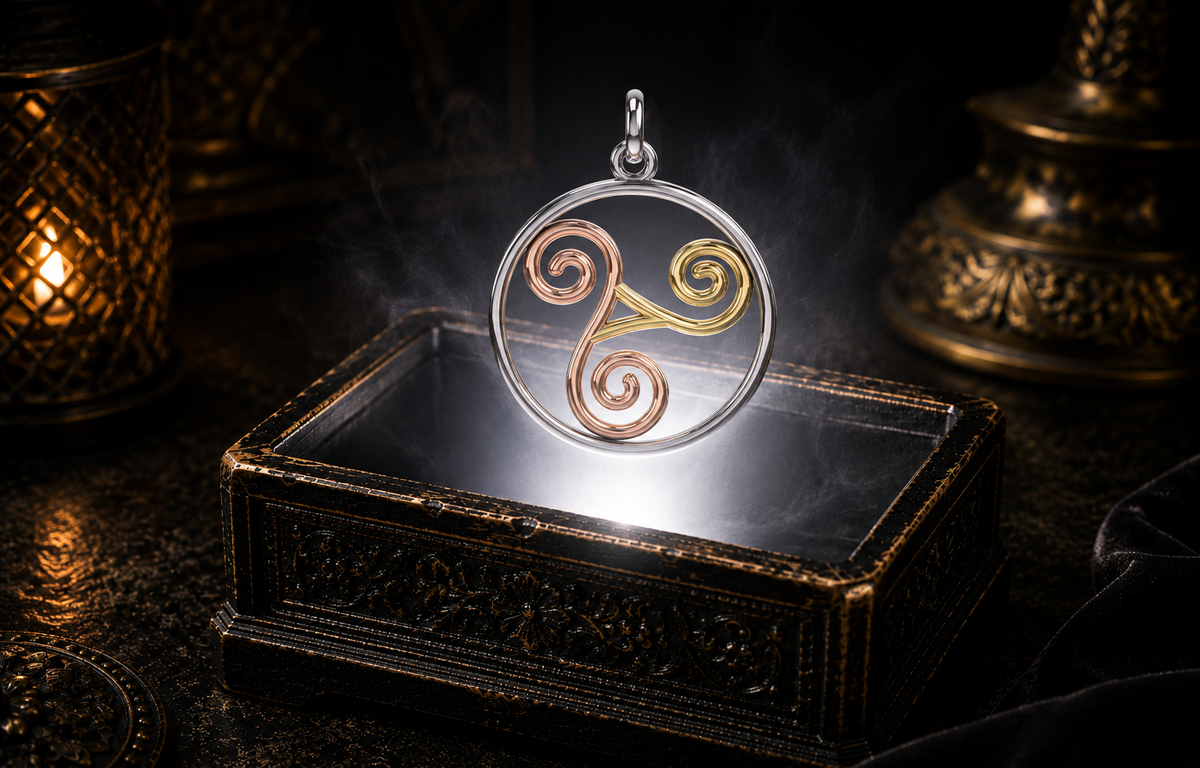 Sterling silver Celtic Triskele pendant featuring a flowing openwork spiral design with 14K yellow gold and 14K rose gold accents, symbolizing balance, unity, and the eternal cycles of life.