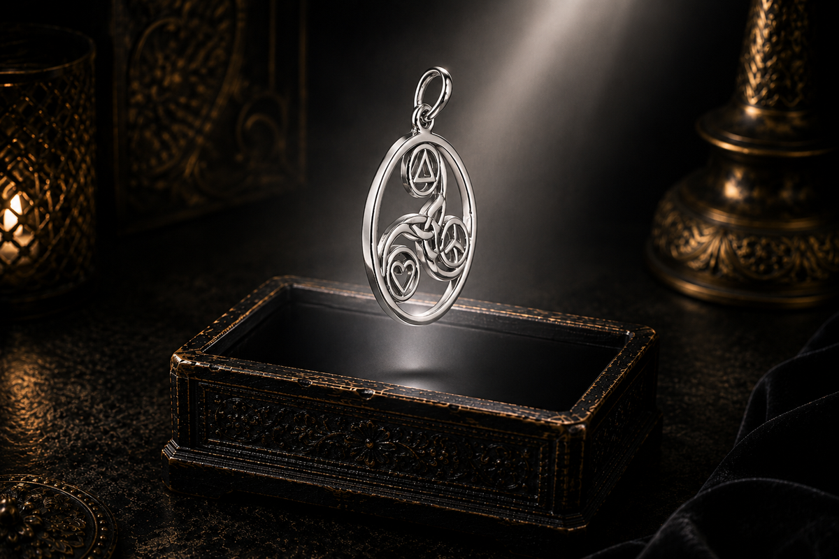 Sterling silver Celtic Triskele Circle pendant with recovery, peace, and heart symbols side view displayed above a luxury jewelry chest in a cinematic mystical environment.