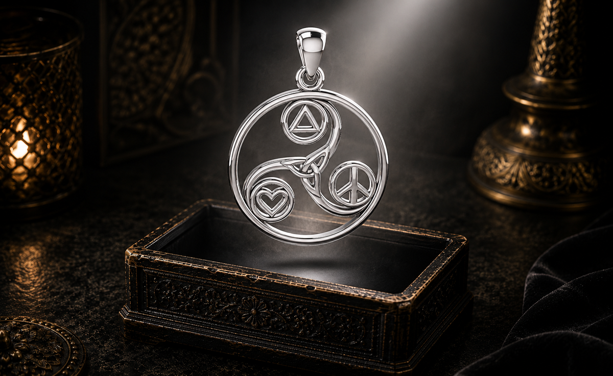 Sterling silver Celtic Triskele Circle pendant featuring recovery, peace, and heart symbols floating above an ornate jewelry box illuminated by radiant light in a dark luxury setting.