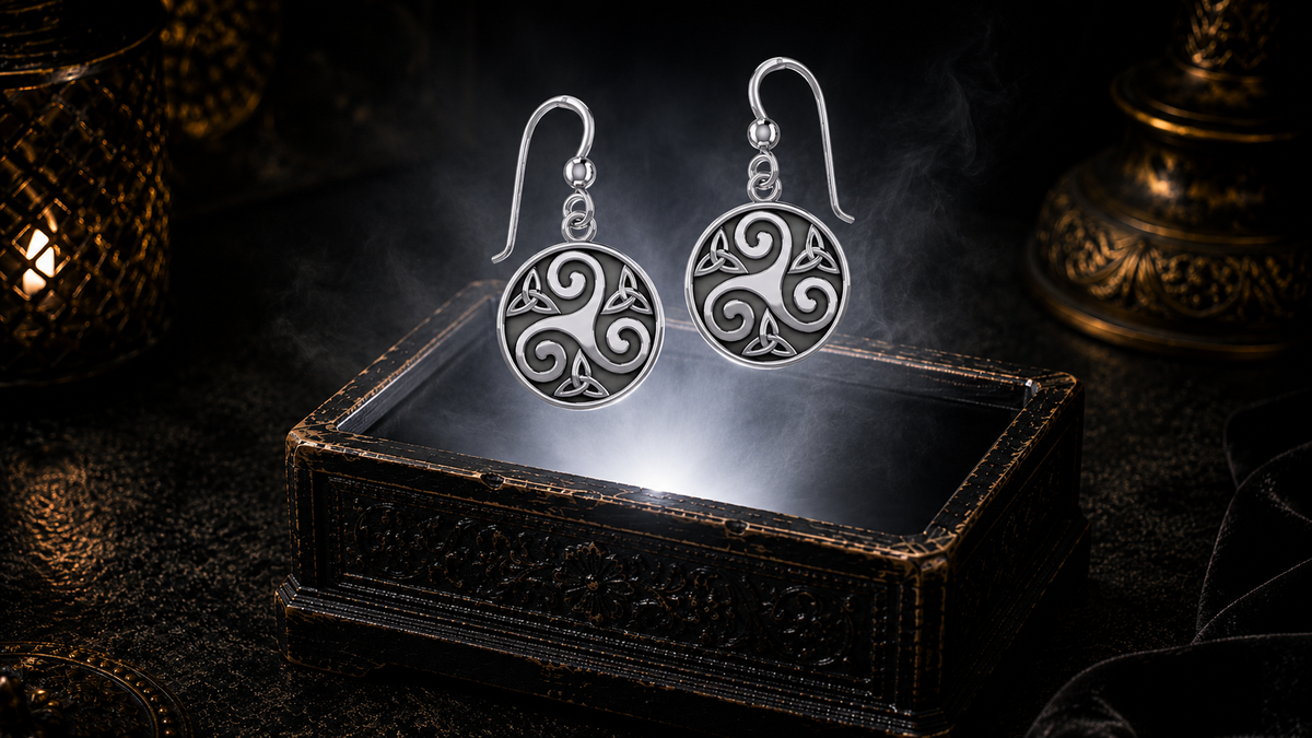 Sterling silver Celtic Triskele earrings with Triquetra motifs floating above an ornate jewelry box surrounded by luminous mist in a dark luxury setting with cinematic lighting and ancient Celtic elegance.