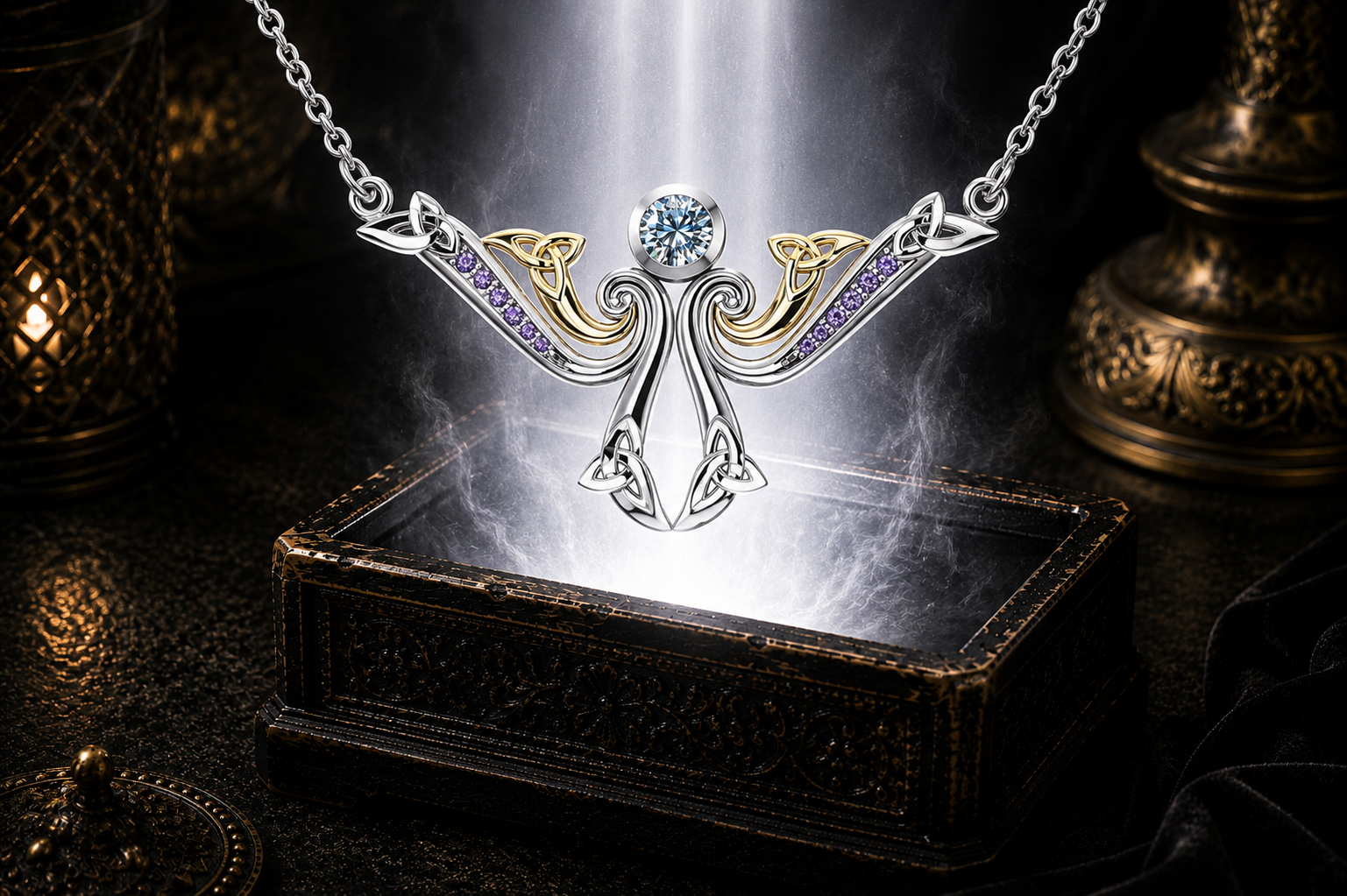 Sterling silver Celtic triskele necklace with 18K gold vermeil accents, blue topaz, and amethyst gemstones floating above an ornate jewelry box in a dark cinematic luxury setting