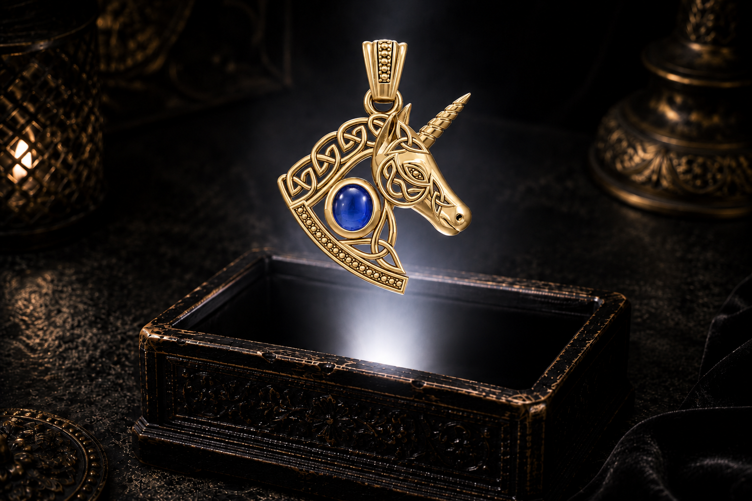 Yellow gold Celtic unicorn pendant with a deep red garnet cabochon, sculpted unicorn head, and open knotwork mane above an illuminated jewelry box.