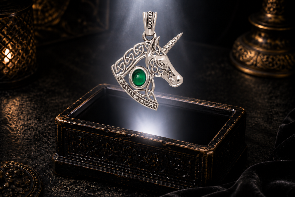 White gold Celtic unicorn pendant with oval emerald glass gemstone