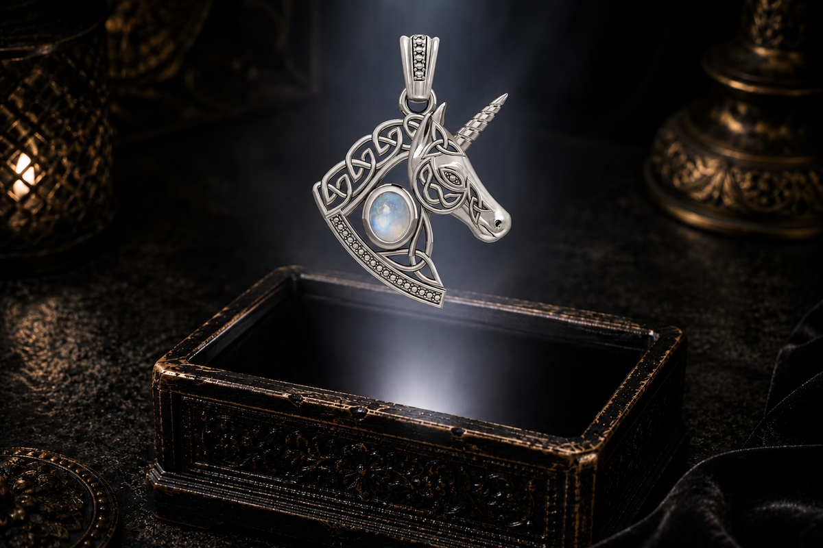 Celtic unicorn pendant in white gold with genuine rainbow moonstone center stone
