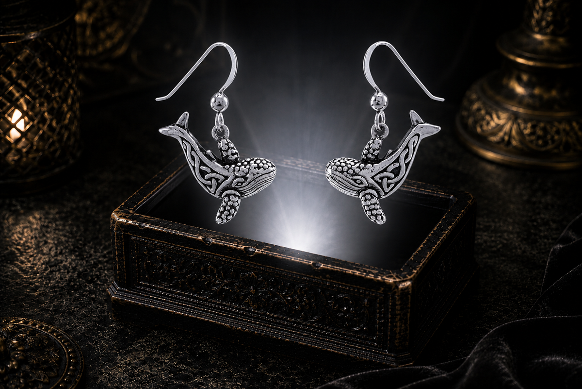 Sterling silver Celtic whale earrings with intricate knotwork displayed above an ornate dark jewelry box in an elegant moody setting.
