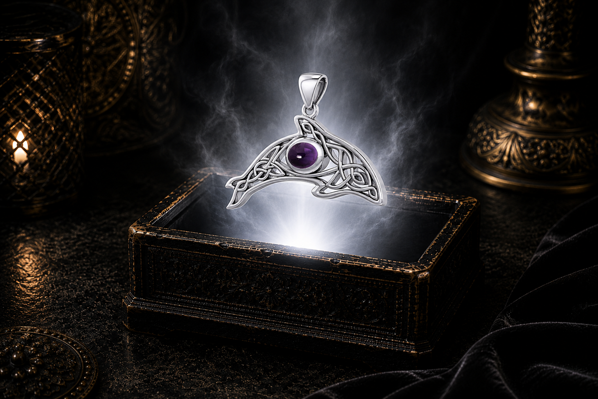 Sterling silver Celtic whale pendant with amethyst gemstone floating above an ornate black jewelry box illuminated by soft white light in a dark luxury Celtic setting.