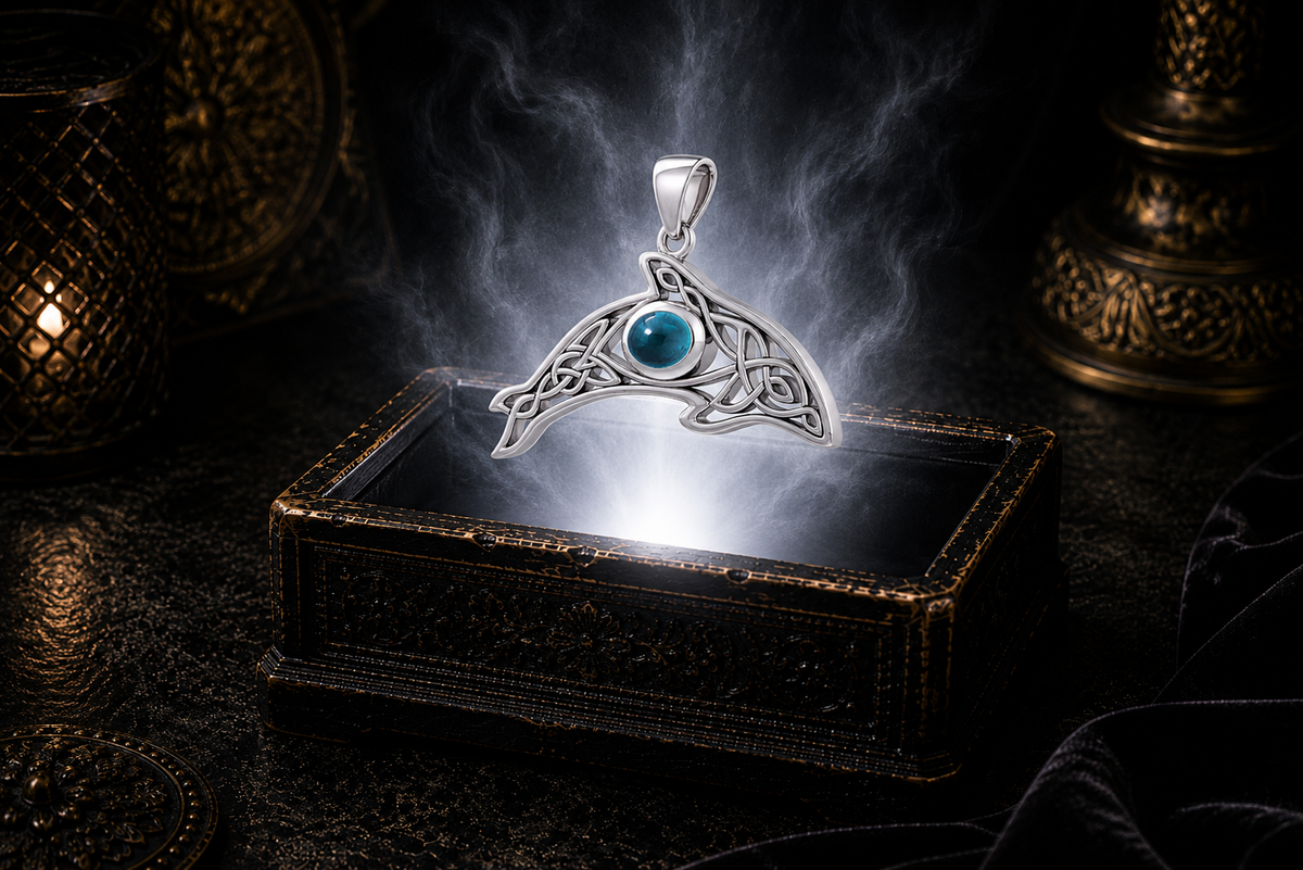 Sterling silver Celtic whale pendant with blue topaz gemstone floating above an ornate black jewelry box illuminated by soft white light in a dark luxury Celtic setting.
