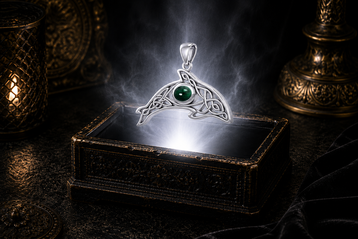 Sterling silver Celtic whale pendant with emerald glass gemstone floating above an ornate black jewelry box illuminated by soft white light in a dark luxury Celtic setting.