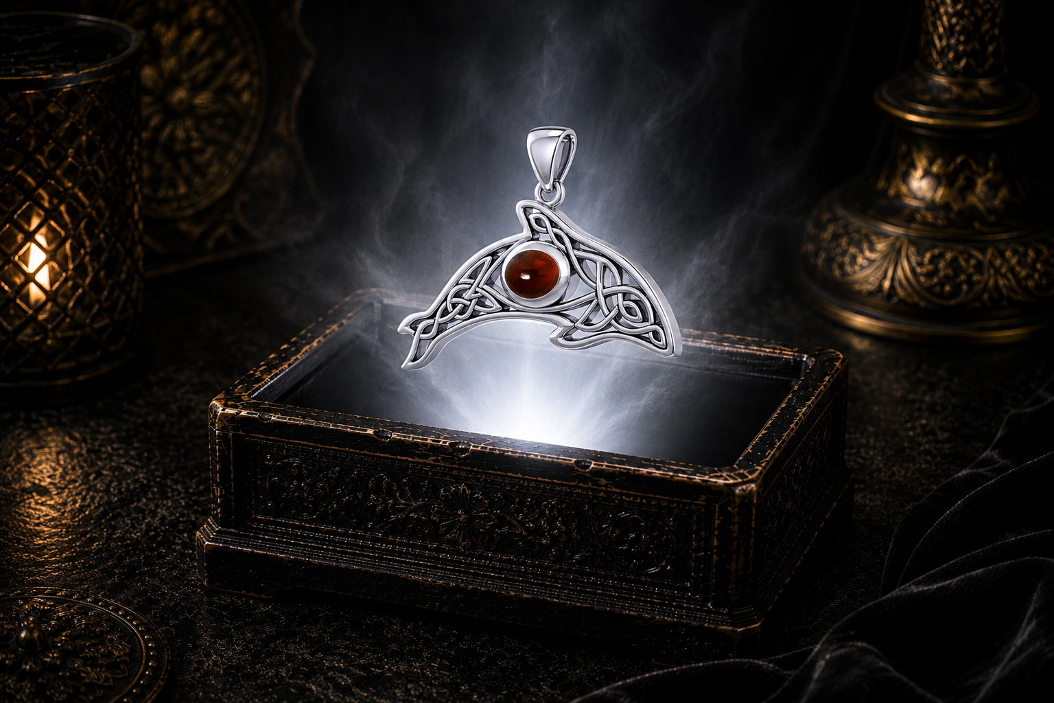 Sterling silver Celtic whale pendant with garnet gemstone floating above an ornate black jewelry box illuminated by soft white light in a dark luxury Celtic setting.
