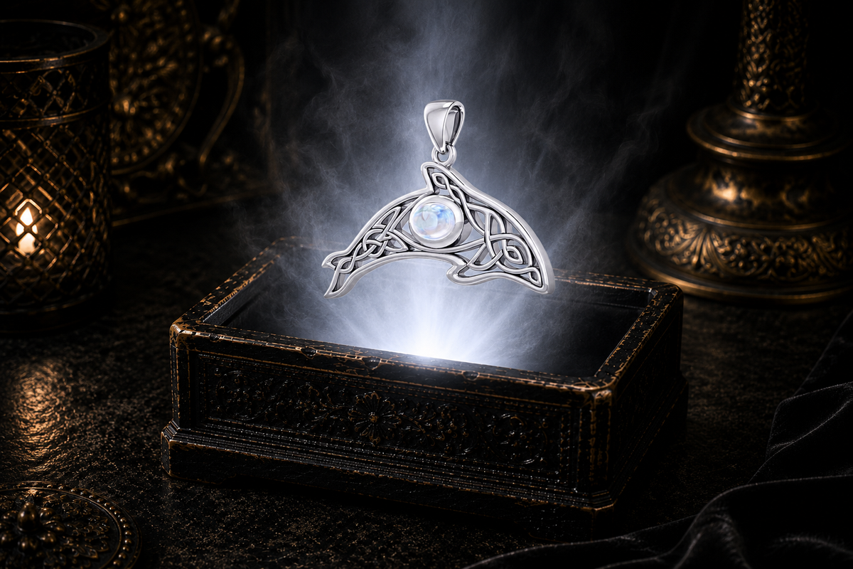 Sterling silver Celtic whale pendant with rainbow moonstone gemstone floating above an ornate black jewelry box illuminated by soft white light in a dark luxury Celtic setting.