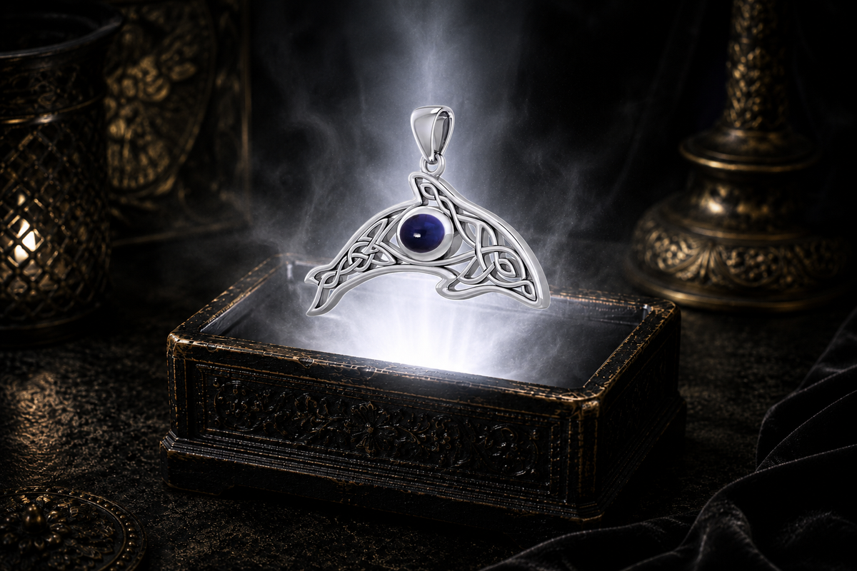 Sterling silver Celtic whale pendant with sapphire gemstone floating above an ornate black jewelry box illuminated by soft white light in a dark luxury Celtic setting.