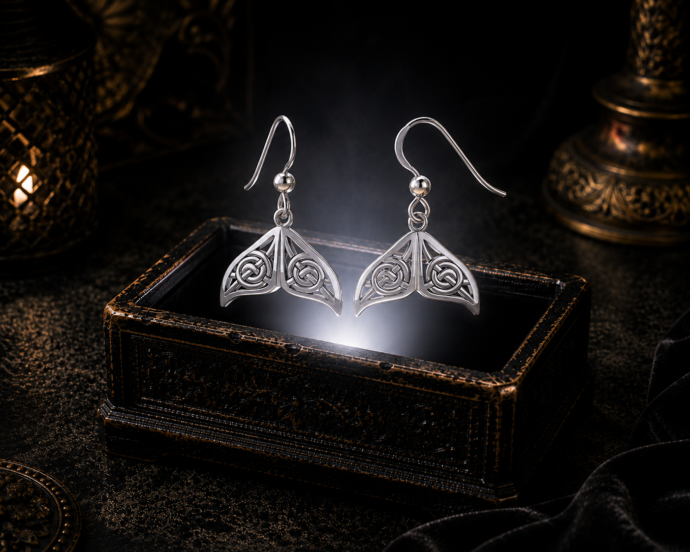 Sterling silver Celtic whale tail earrings floating above a glowing ornate jewelry box in a dark luxurious mystical setting with cinematic lighting
