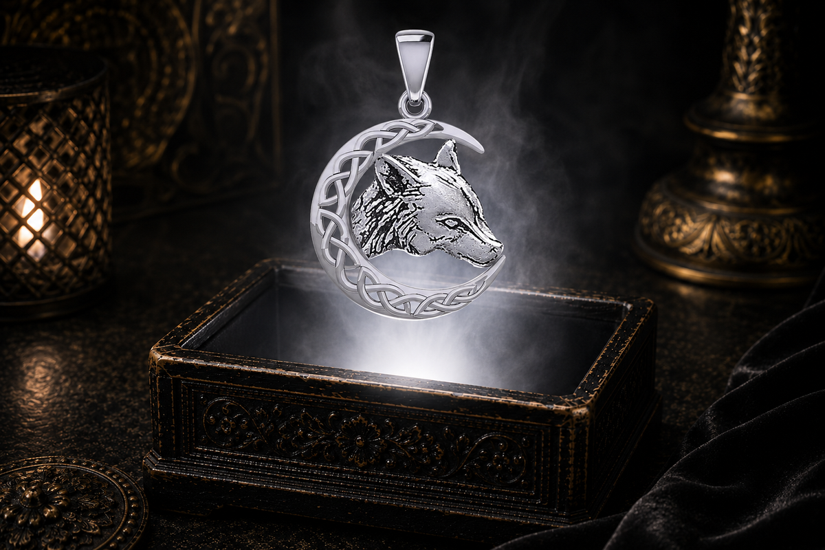 Sterling silver Celtic Wolf Crescent Moon pendant featuring a detailed wolf emerging from an intricate Celtic knotwork crescent moon, symbolizing courage, tribal loyalty, intuition, transformation, and eternity.