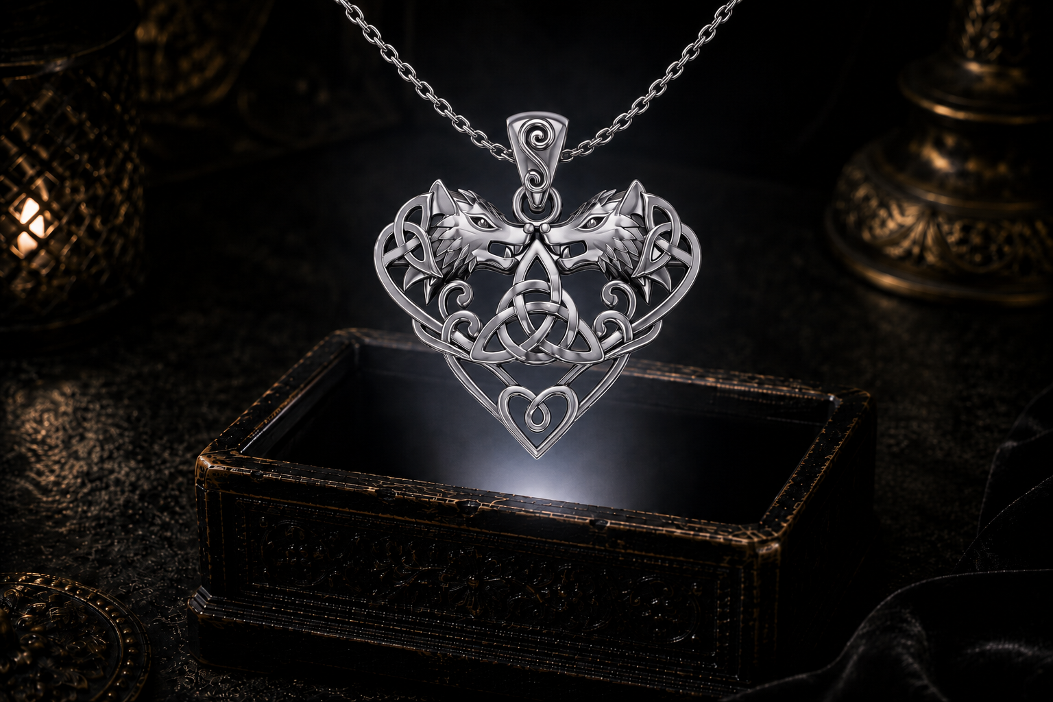 Sterling silver Celtic wolf heart pendant with two facing wolves, central Triquetra knot, scrollwork, and openwork details.