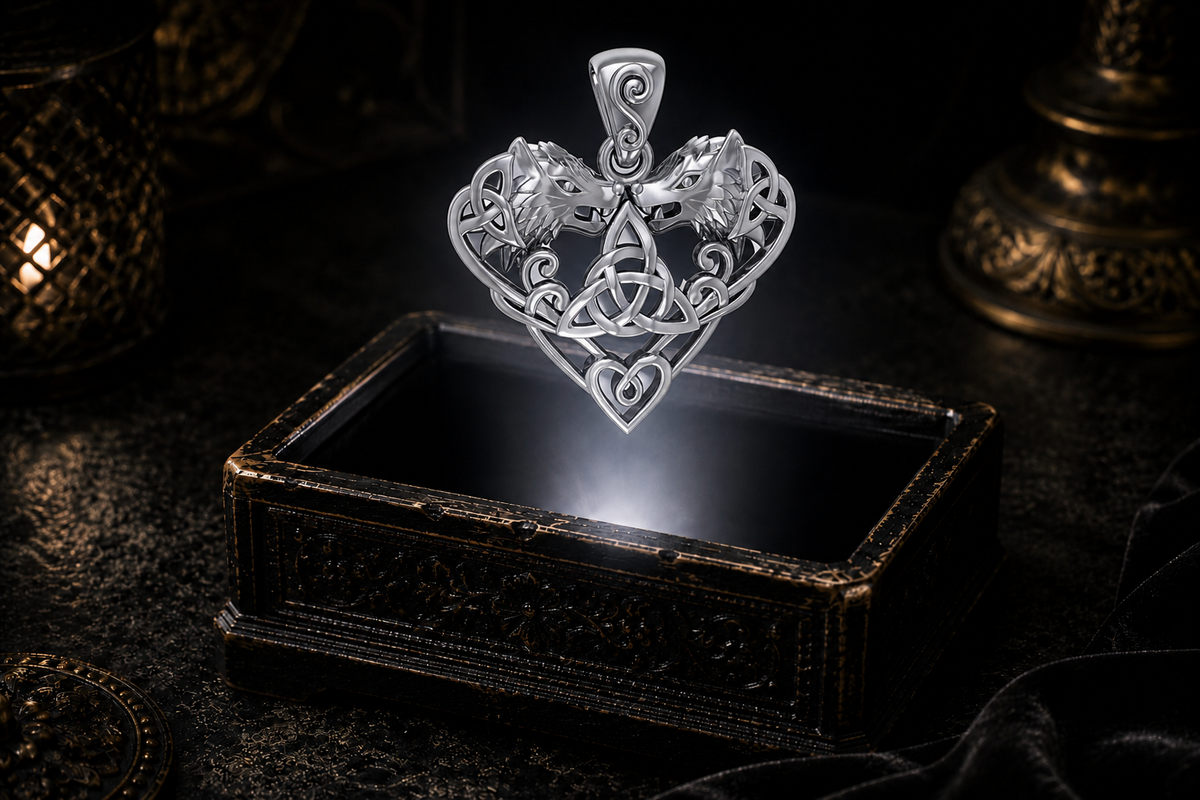 Wolf necklace with Celtic Triquetra heart pendant suspended above an ornate dark jewelry box in a neutral white beam of light.