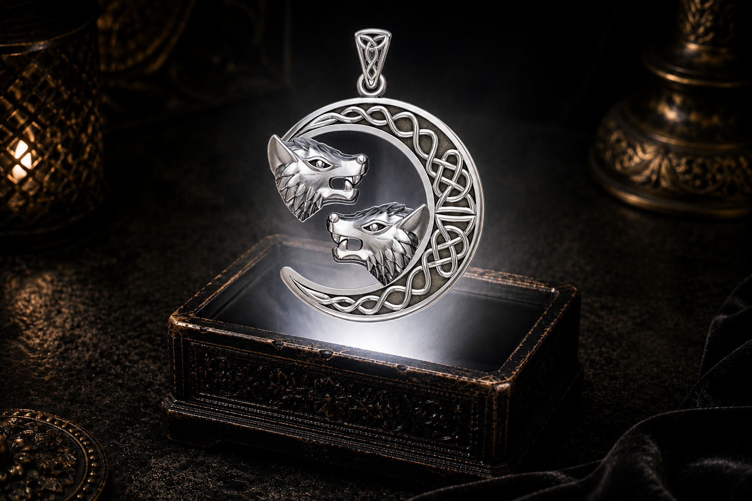 Sterling silver Celtic wolf moon pendant featuring double wolf heads within an intricate crescent moon design floating above an ornate jewelry box in a dark cinematic luxury setting illuminated by a mystical glow.