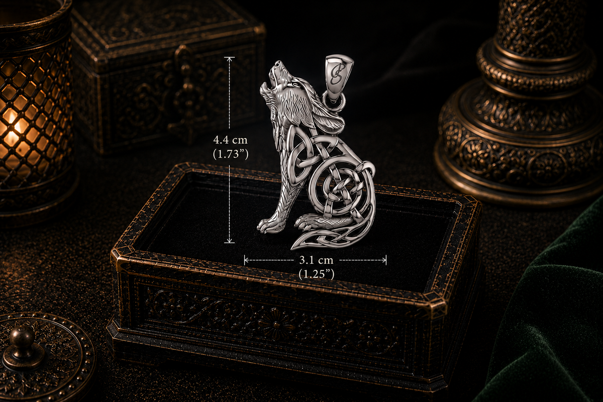 Celtic wolf sterling silver pendant with measurement guide displayed above an illuminated antique jewelry box in a dark cinematic setting showing 4.4 cm length and 3.1 cm width