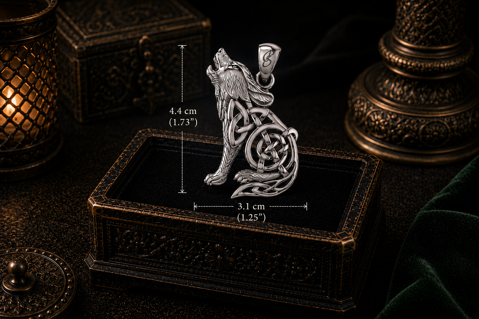 Celtic wolf sterling silver pendant hovering above an illuminated antique black jewelry box surrounded by candlelight and dark gothic decor