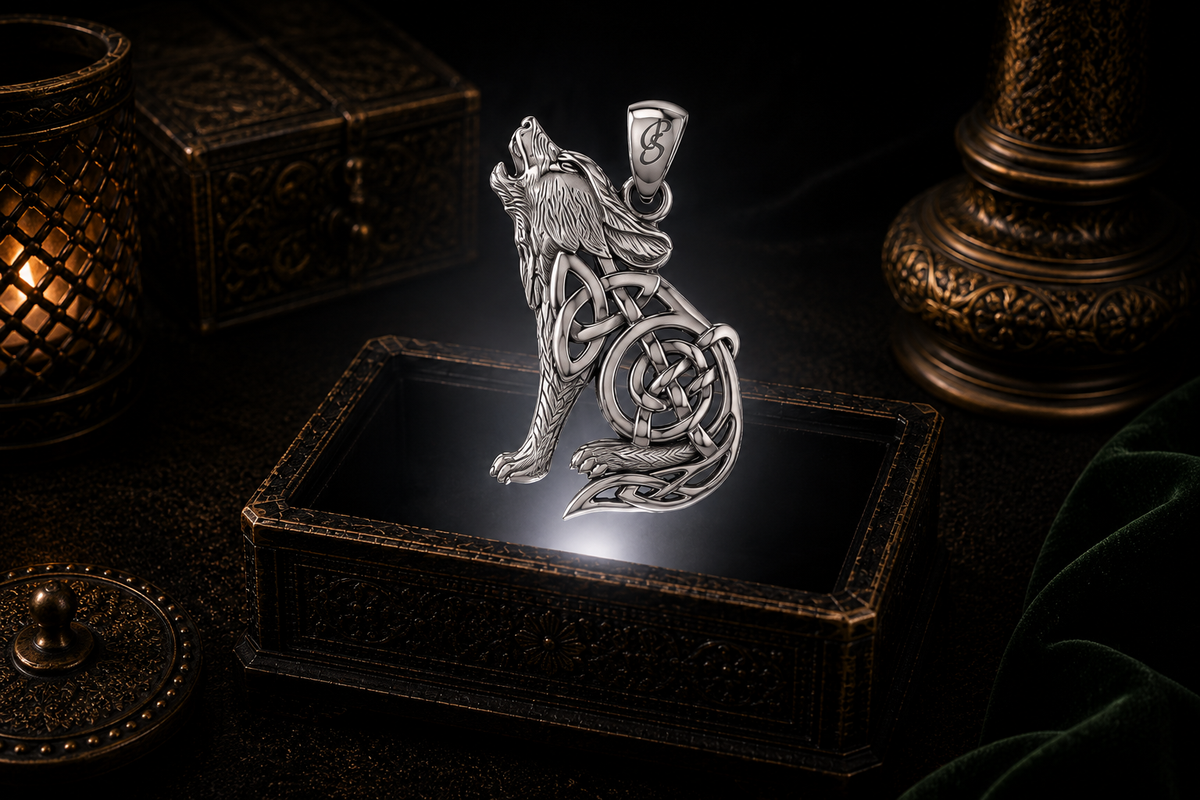 Celtic wolf sterling silver pendant hovering above an illuminated antique black jewelry box surrounded by candlelight and dark gothic decor