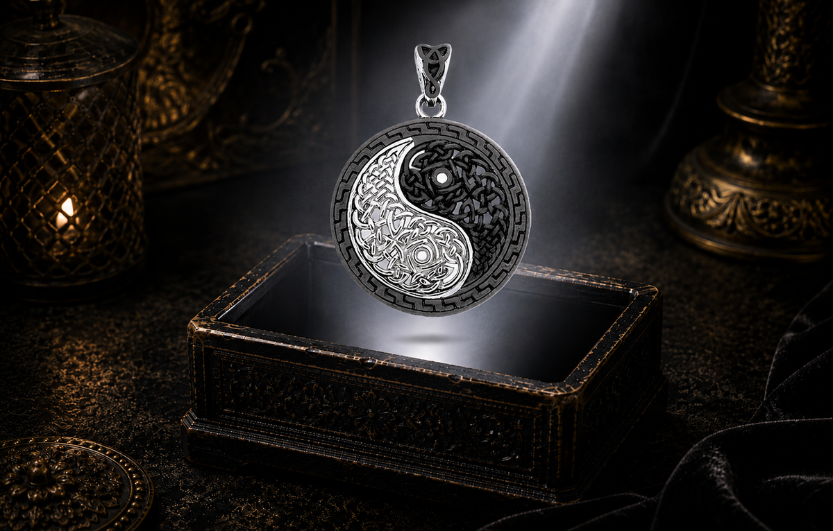 Sterling silver Celtic Yin Yang pendant with black rhodium accents and intricate Celtic knotwork floating above an ornate jewelry box beneath a radiant beam of light in a dark luxury setting.