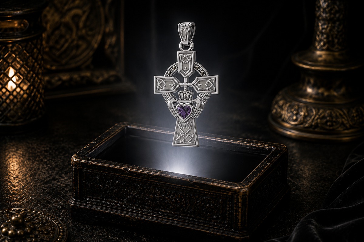 14K white gold Claddagh Celtic Cross pendant with a heart-shaped faceted amethyst, flowing Celtic knotwork, and marcasite accent stones floating above an ornate jewelry box in a refined dark luxury setting with warm candlelight, cinematic lighting, and a mystical atmosphere.