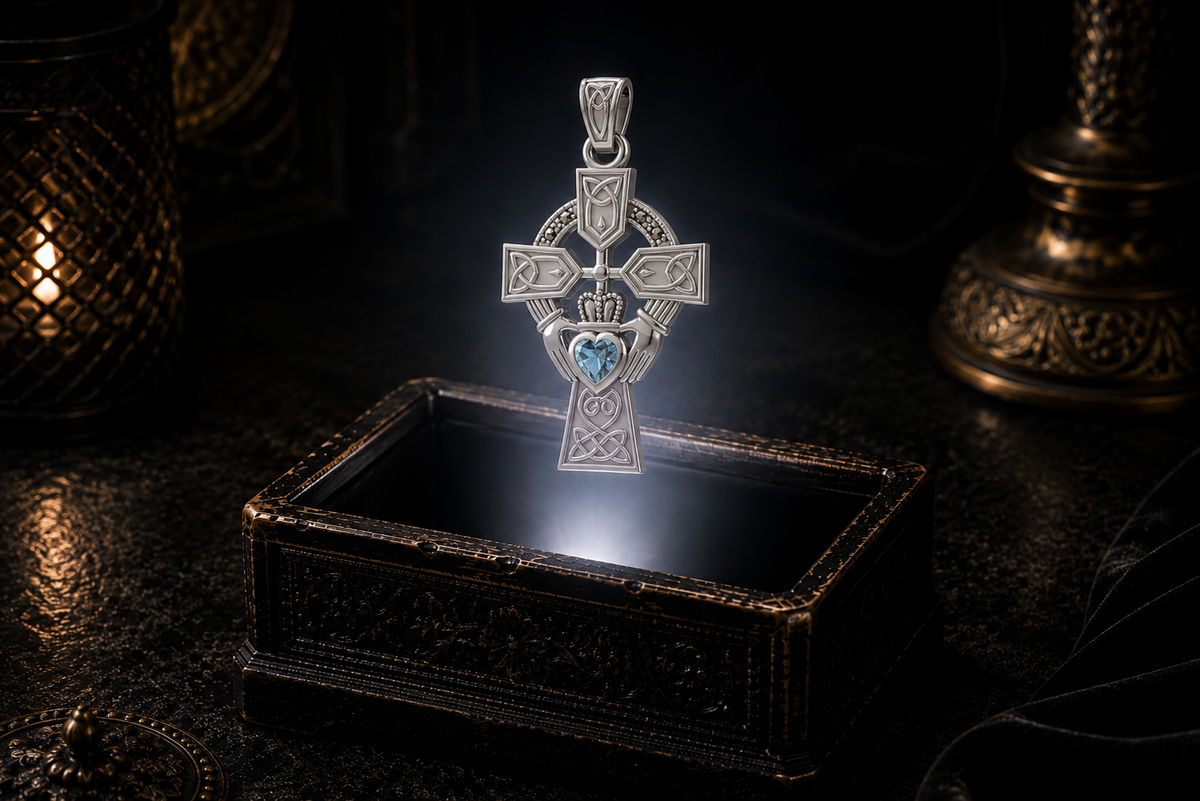 14K white gold Claddagh Celtic Cross pendant with a heart-shaped faceted blue topaz, flowing Celtic knotwork, and marcasite accent stones floating above an ornate jewelry box in a refined dark luxury setting with warm candlelight, cinematic lighting, and a mystical atmosphere.