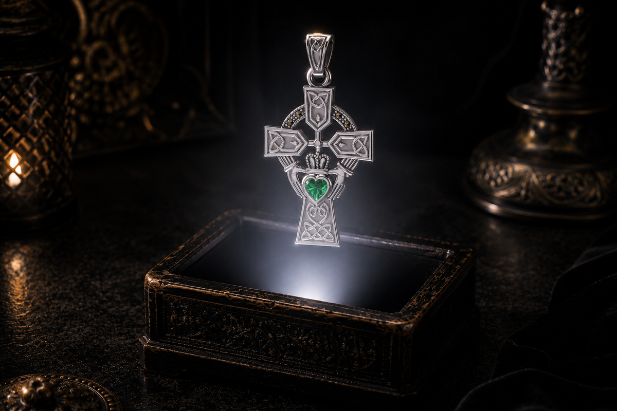 14K white gold Claddagh Celtic Cross pendant with a heart-shaped faceted emerald glass gemstone, flowing Celtic knotwork, and marcasite accent stones floating above an ornate jewelry box in a refined dark luxury setting with warm candlelight, cinematic lighting, and a mystical atmosphere.
