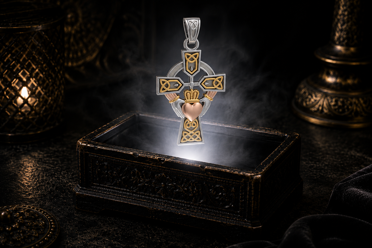 Sterling silver Claddagh Celtic Cross pendant with 14K gold and rose gold accents floating above an ornate jewelry box illuminated by soft white light in a dark luxurious Celtic-inspired setting with candlelit ambiance.