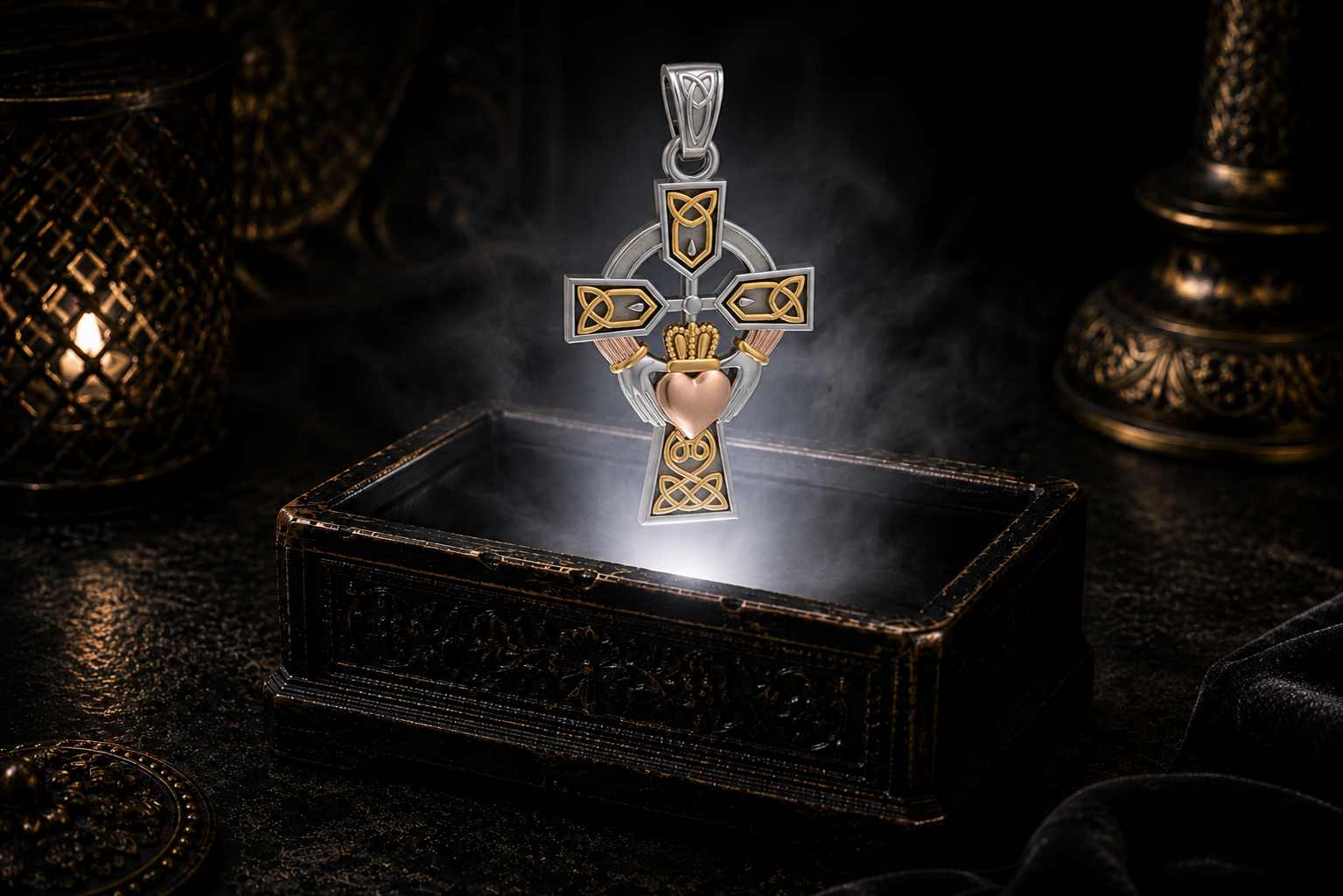 Sterling silver Claddagh Celtic Cross pendant with 14K gold and rose gold accents floating above an ornate jewelry box illuminated by soft white light in a dark luxurious Celtic-inspired setting with candlelit ambiance.