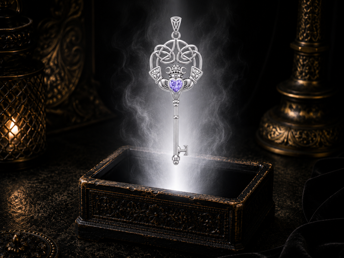 Sterling silver Claddagh Celtic key pendant with amethyst gemstone floating above an ornate antique jewelry box with soft glowing light in a cinematic luxury environment.