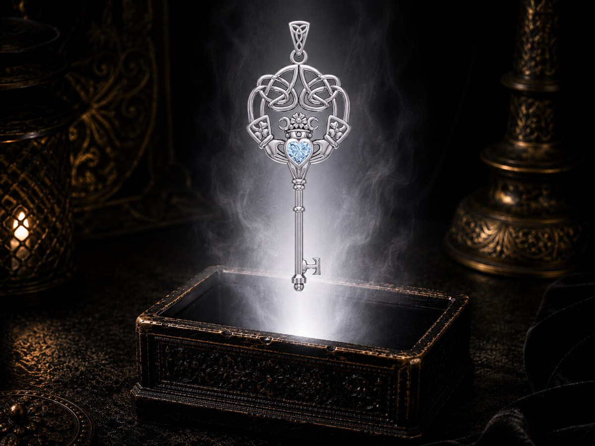 Sterling silver Claddagh Celtic key pendant with blue topaz gemstone floating above an ornate dark jewelry box illuminated by radiant white light in a refined luxury setting.