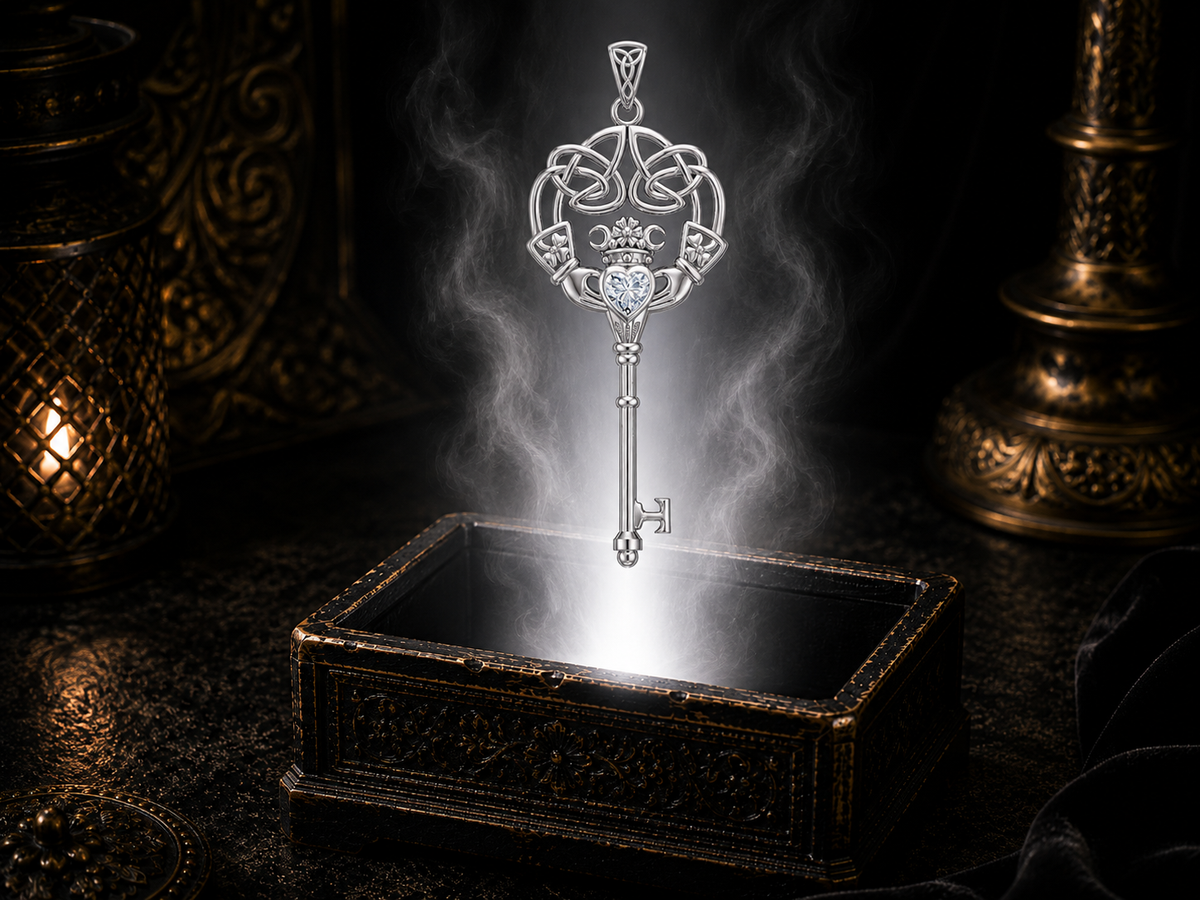 Sterling silver Claddagh Celtic key pendant with cubic zirconia gemstone floating above an ornate jewelry box illuminated by soft white light within a cinematic shadowed setting.