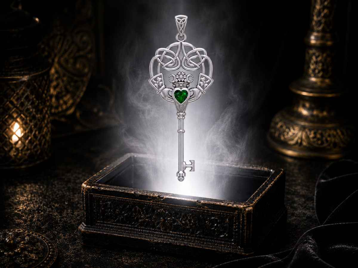 Sterling silver Claddagh Celtic key pendant with emerald glass gemstone floating above an ornate jewelry chest surrounded by ethereal white glow in a dark luxury atmosphere.