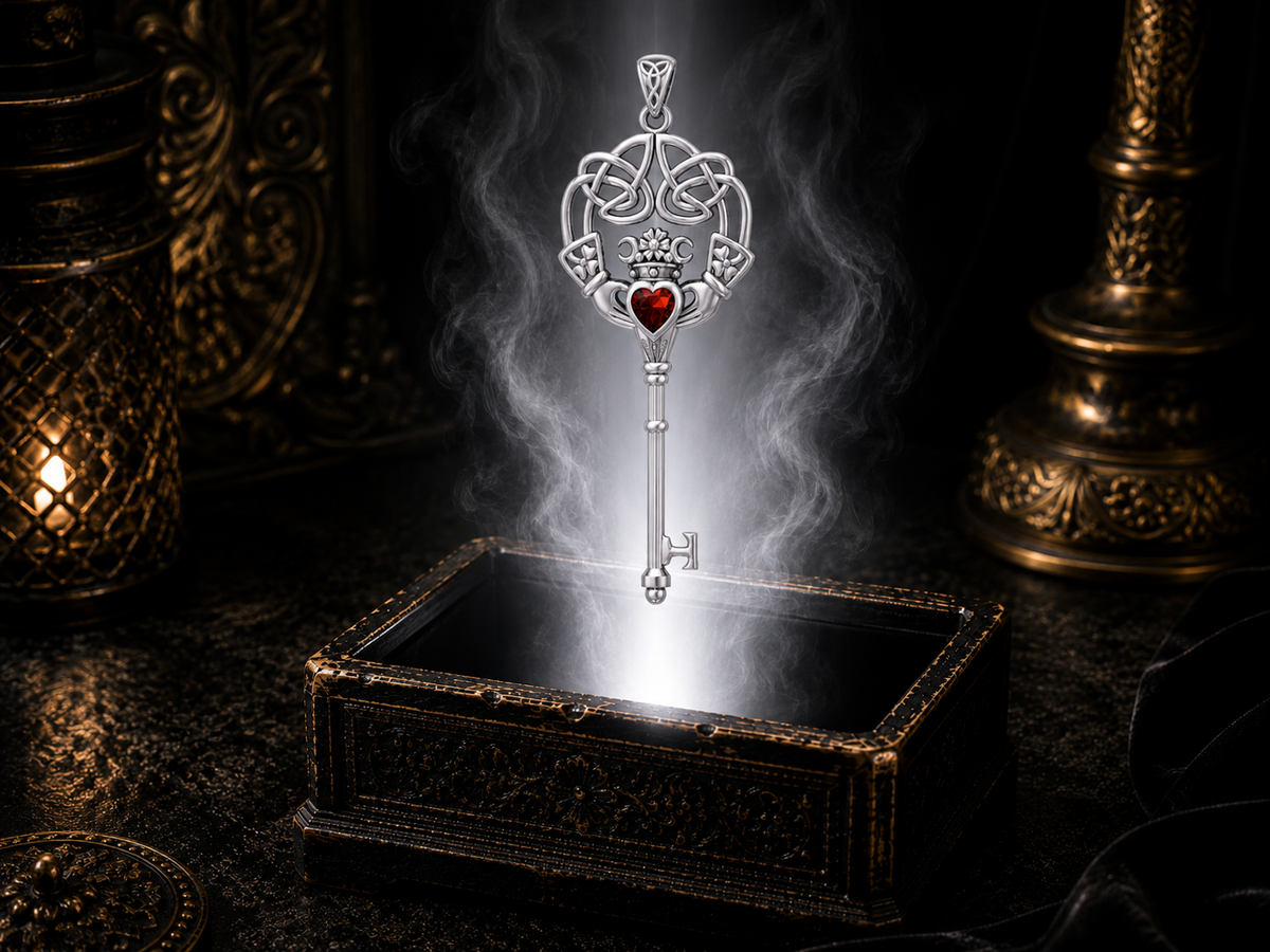 Sterling silver Claddagh Celtic key pendant with garnet gemstone floating above an ornate jewelry box surrounded by luminous white light in a dark luxury setting.