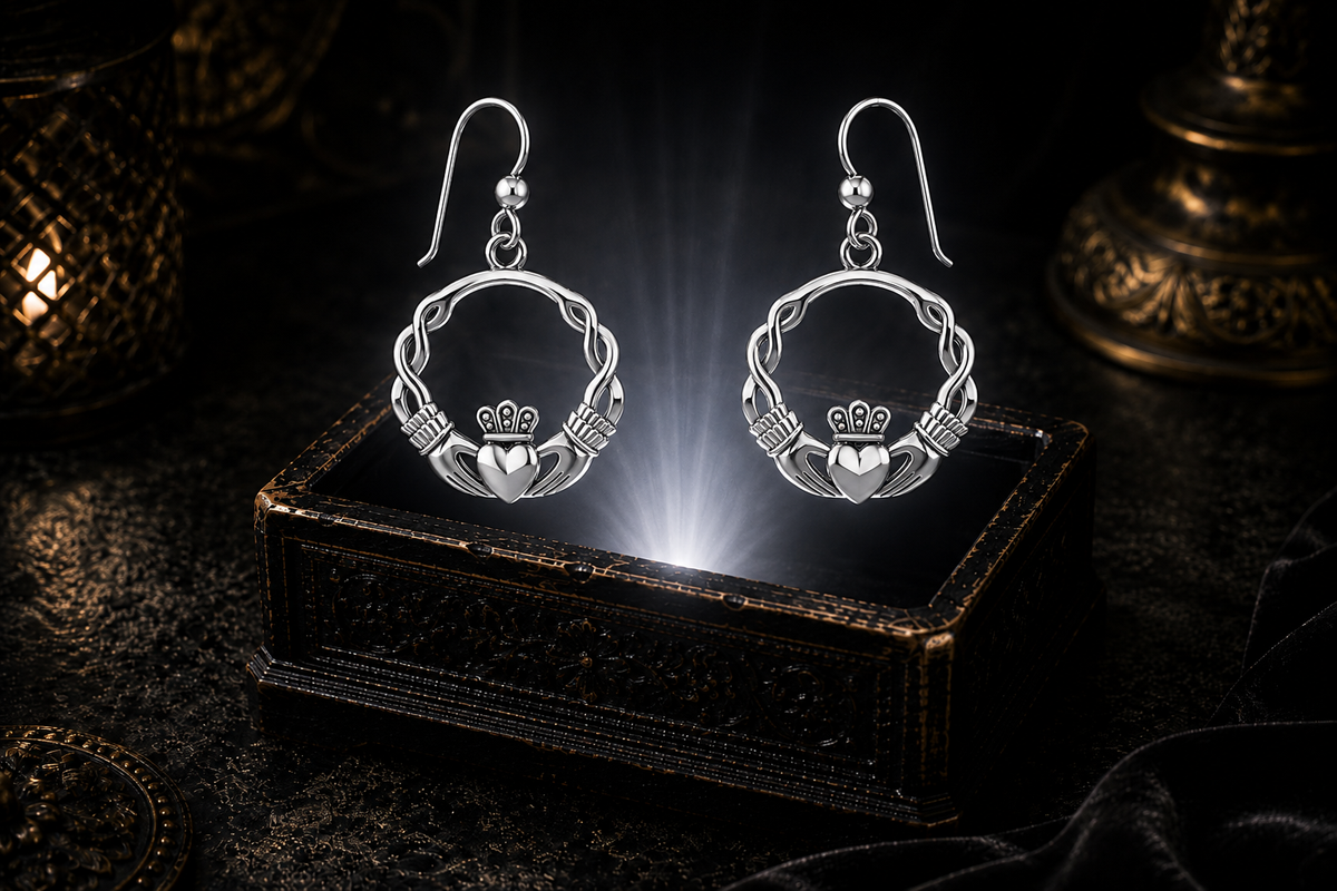 Sterling silver Claddagh Celtic knot circle earrings hovering above a dark ornate jewelry box with a soft white glow in a mystical luxury setting