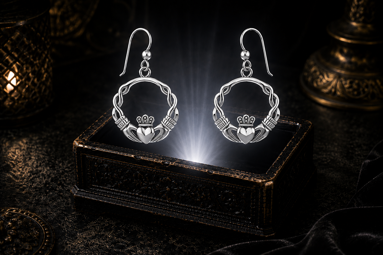Sterling silver Claddagh Celtic knot circle earrings hovering above a dark ornate jewelry box with a soft white glow in a mystical luxury setting