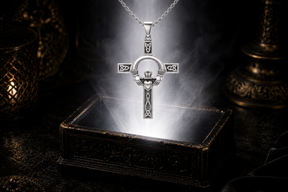 Sterling silver Claddagh Cross pendant floating above an ornate jewelry box surrounded by soft glowing light in a dark luxury setting, featuring a crowned heart held by traditional Claddagh hands within an elegant Celtic Cross adorned with intricate knotwork.
