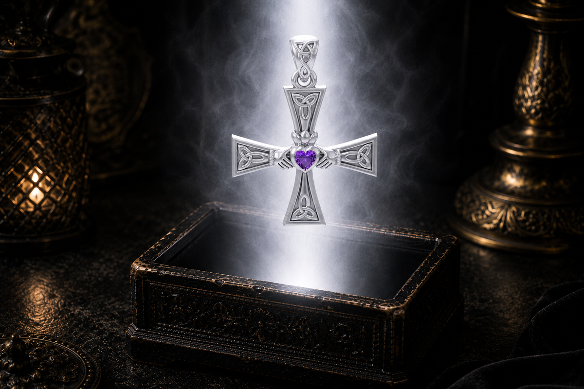 Sterling silver Claddagh equal arm Celtic cross pendant with amethyst gemstone floating above an ornate antique jewelry box surrounded by soft white glow in a cinematic luxury environment.