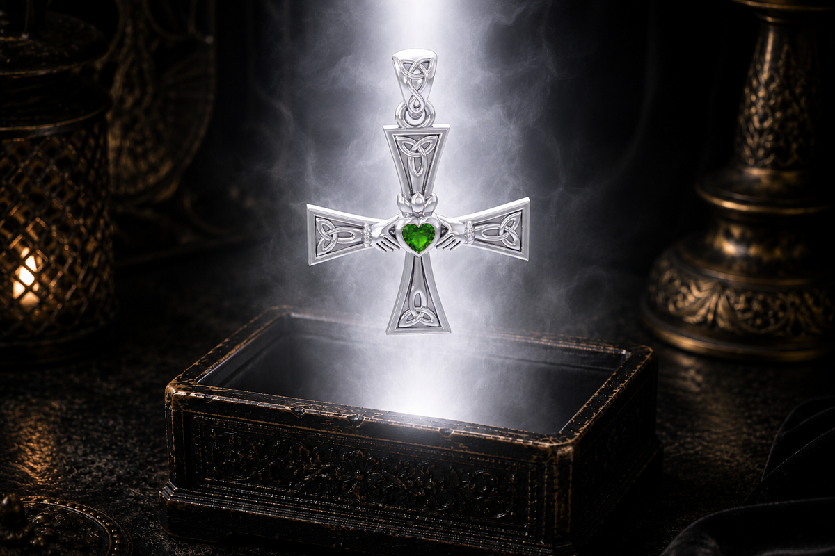 Sterling silver Claddagh equal arm Celtic cross pendant with emerald glass gemstone floating above an ornate dark jewelry chest illuminated by radiant white light in a refined luxury setting.
